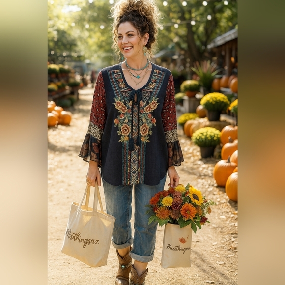 Boho 3XL Gypsy Artisy Floral Embroidered Festival Bell Tunic Top New - Picture 1 of 11